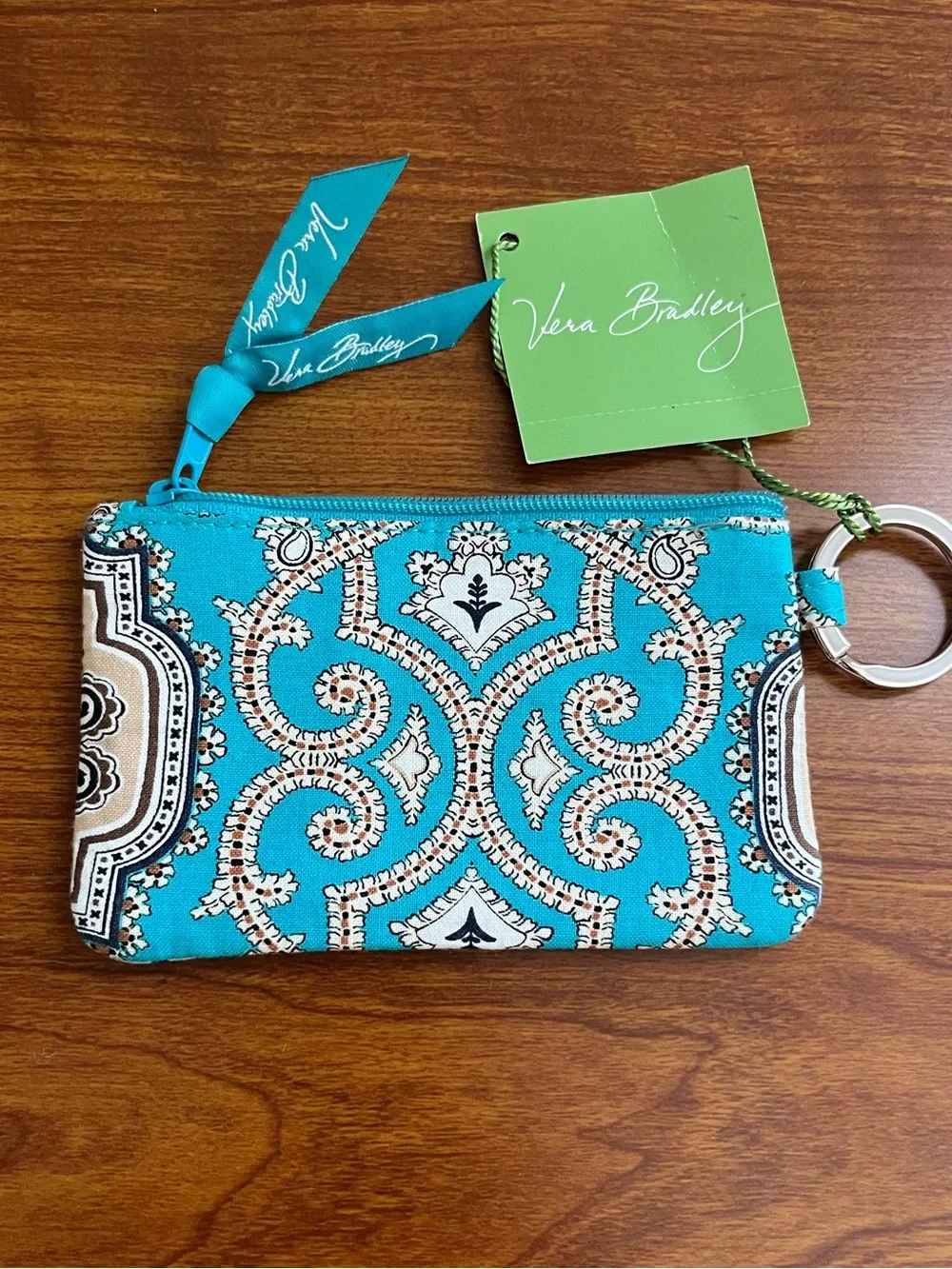 NWT VERA BRADLEY ID Wallet Totally Turquoise Key Ring Zipper Cotton